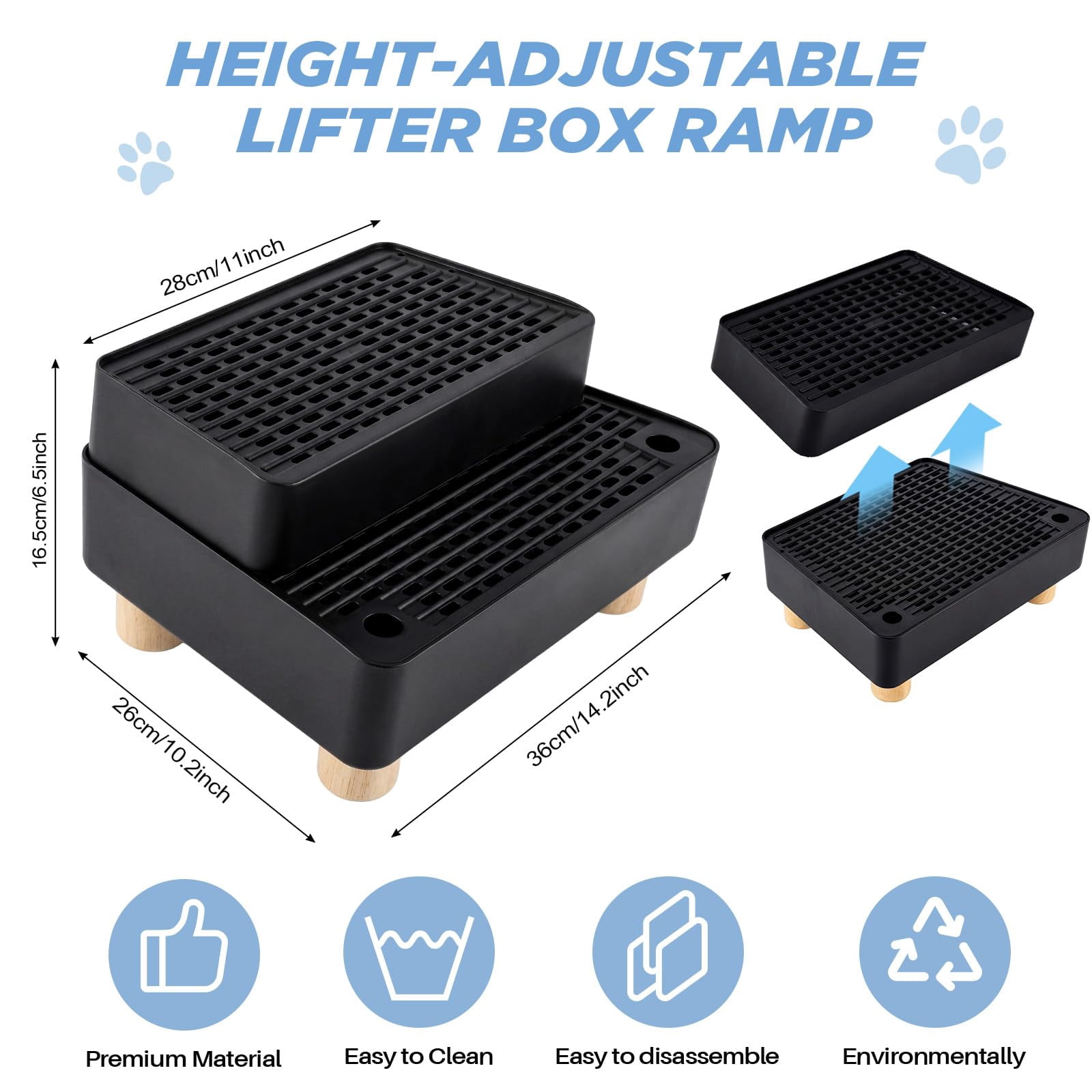 Adjustable 2 Steps Litter Box Ramp  Cat Catcher Mat With Wooden Feet Filter Function Step For Small & Elderly Cats Fits Automatic Boxes (black)