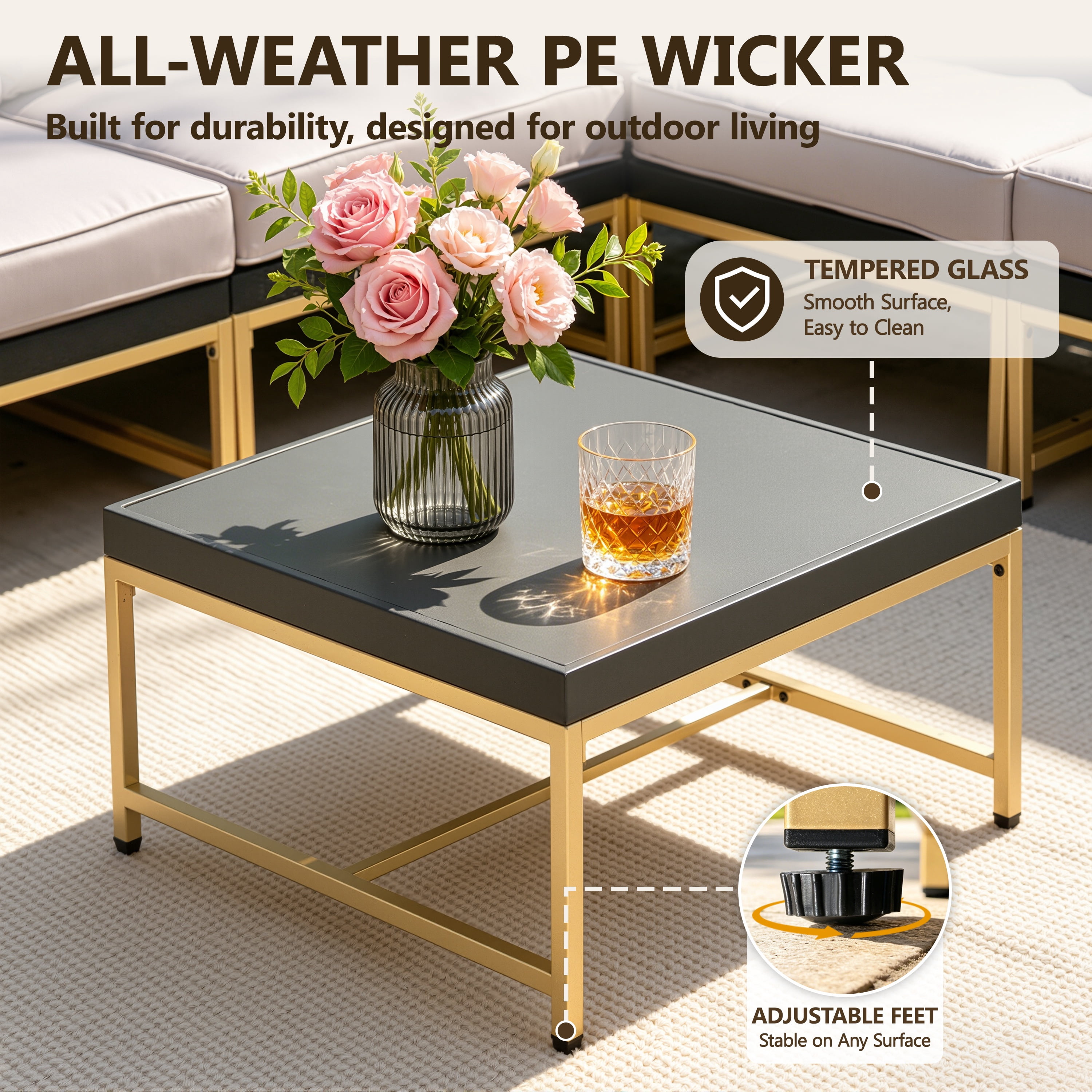 Patio Outdoor Furniture Sets, 7 Pieces All-Weather Rattan Sectional Sofa with Tea Table and Cushions, PE Rattan Wicker Sofa Couch Conversation Set for Garden Backyard Poolside