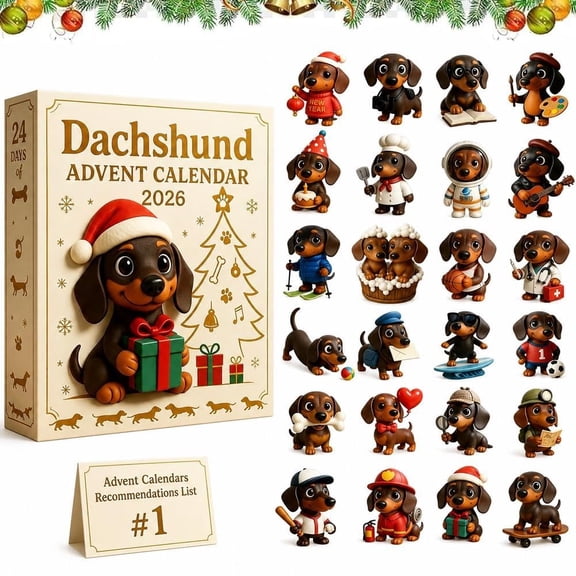 2026 Dachshund Advent Calendar 24 Days 3D Dog Figurines Christmas Ornaments