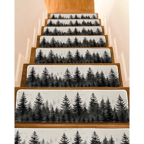 Stair Treads for Wooden Steps,Mist Forest Peel and Stick Stair Treads with Reusable Adhesive,Beige Farmhouse Vintage Nature Scenery Non Slip Indoor Stairs Runner Rugs Mats for Elders Dogs 8"x30" 4PCS