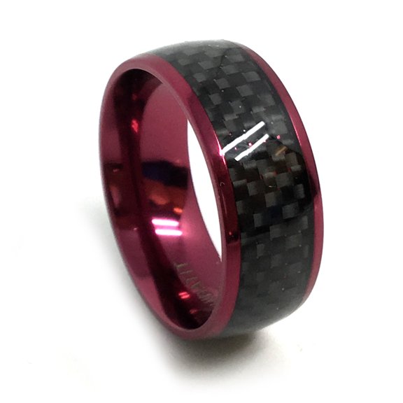8mm High Polished Red Hue IP Titanium Ring with Black Carbon Fiber Inlay Wedding Band Ring For Men
