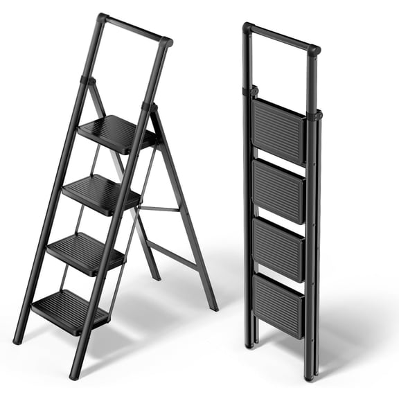 4 Step Ladder, Foldable Ladder with Wide Pedals and Handle, Sturdy Ladders for Home and Kitchen with Anti-Slip Feet, Supports up to 330 lbs - Black