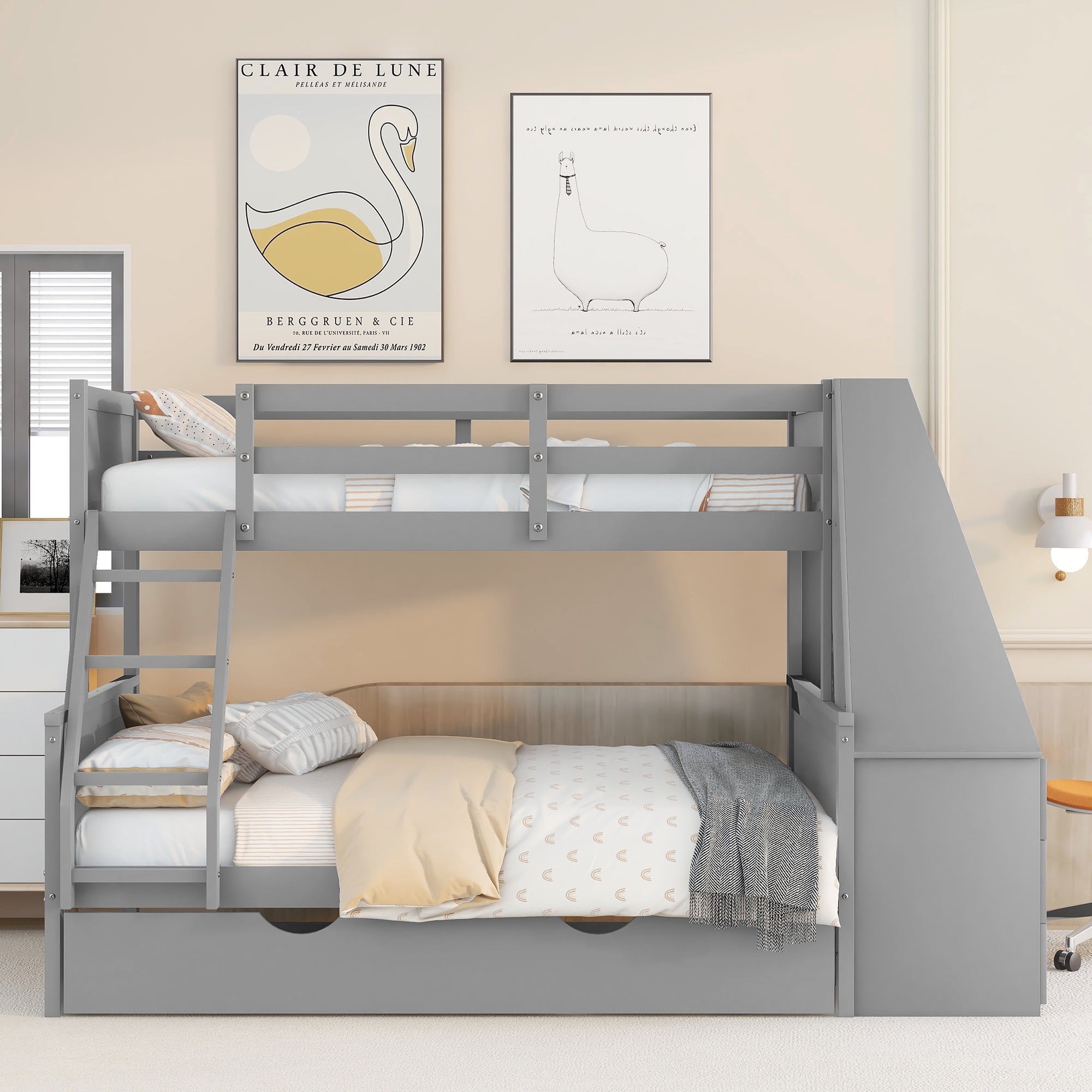 EUROCO Wood Twin over Full Bunk Bed with Twin Trundle, Built-in Desk with Shelf and 3 Drawers for Kids Teens Adults, 3-in-1 Beds, Gray