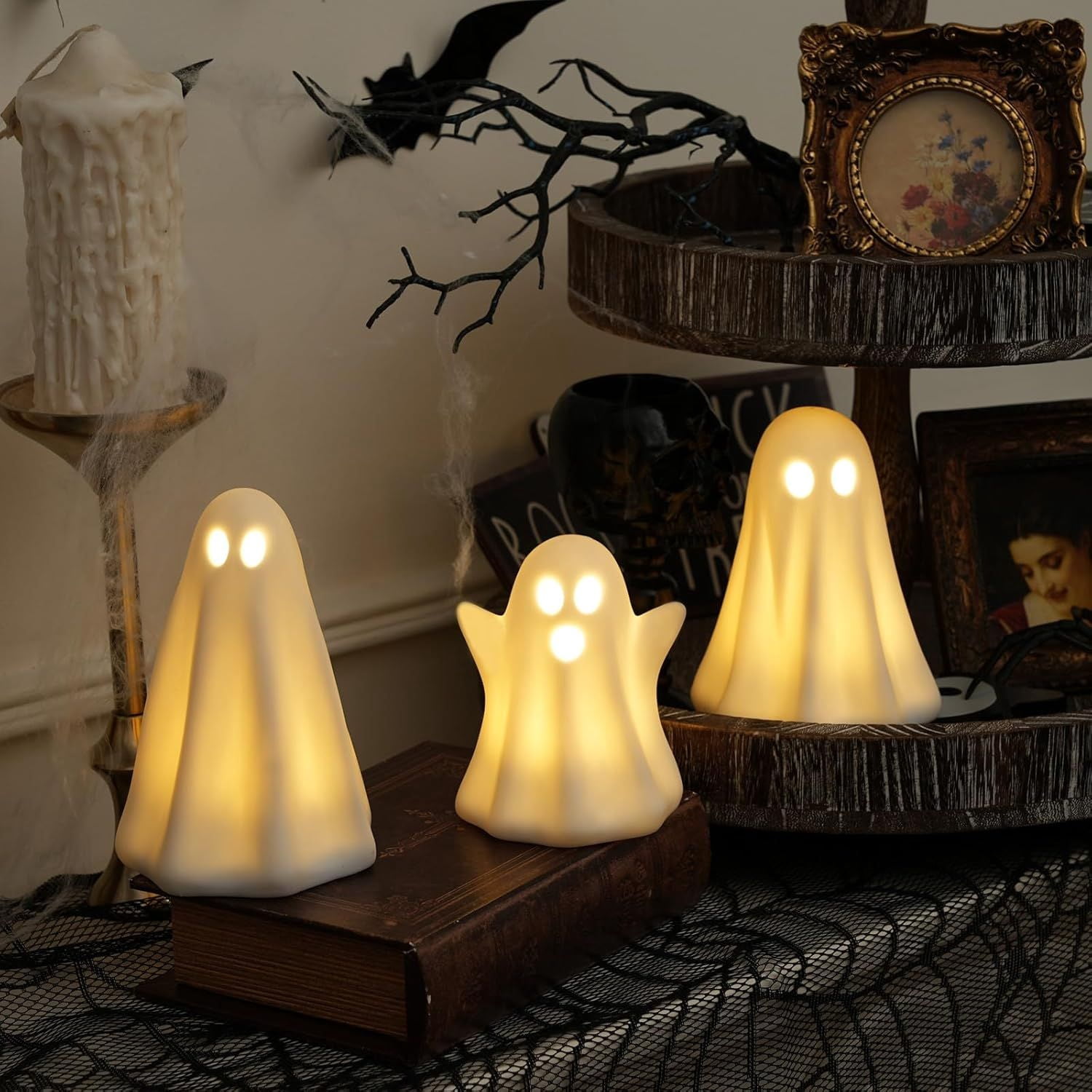 Light Up Ceramic Ghost Decorations with Timer for Halloween Indoor Display