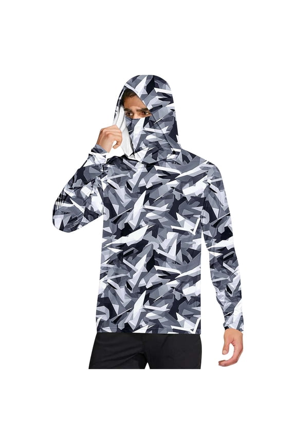 Men's Sun Protection Hoodie Shirts UPF 50+ Quick Dry Long Sleeve Sun Guard T-Shirts Fishing Climbing Lightweight Hooded Blouses with Mask Rash Guard