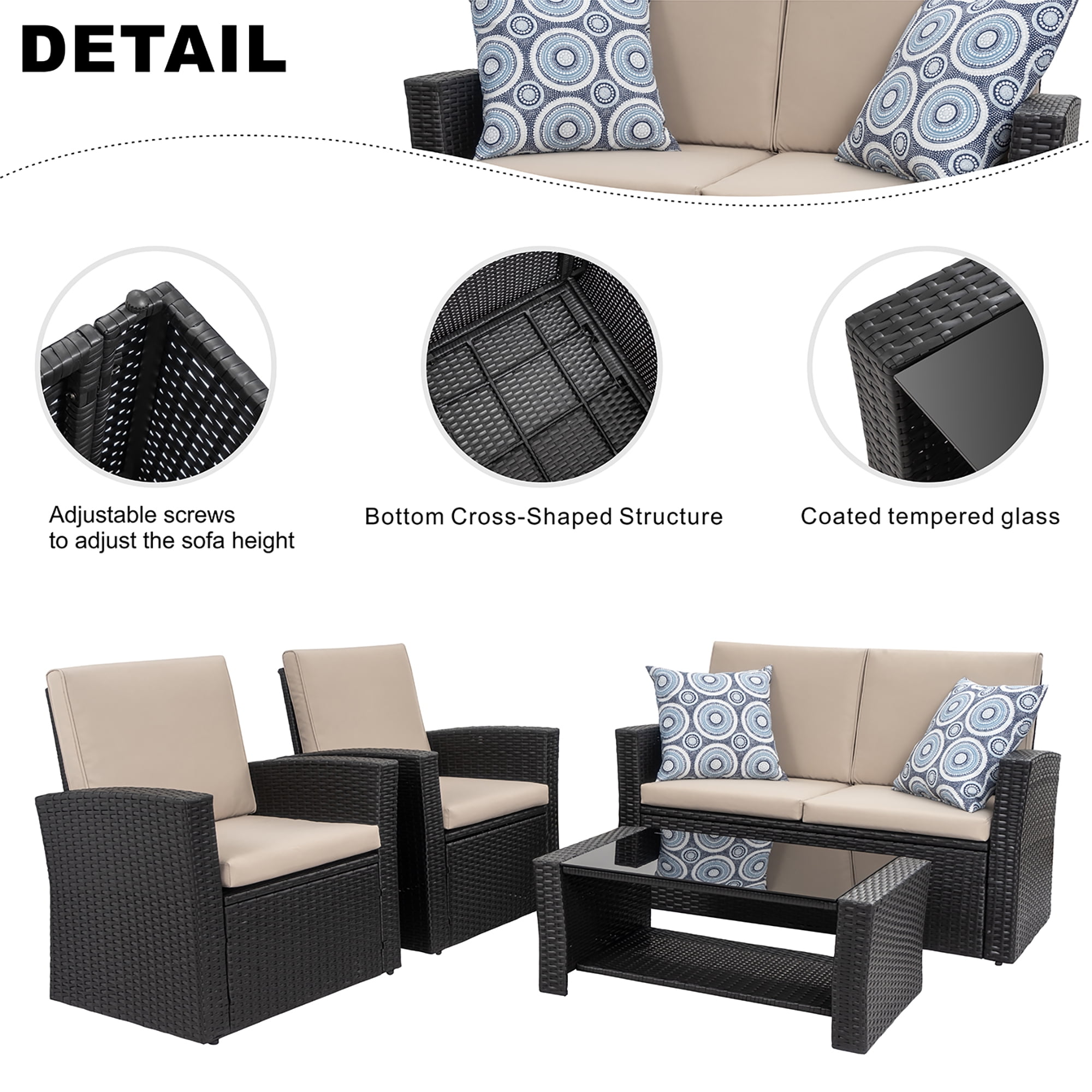 Walsunny 4 Pieces Outdoor Sectional Conversation Wicker Patio Furniture Set with Cushion Table for Backyard,Porch,Garden,Poolside Balcony,Gray