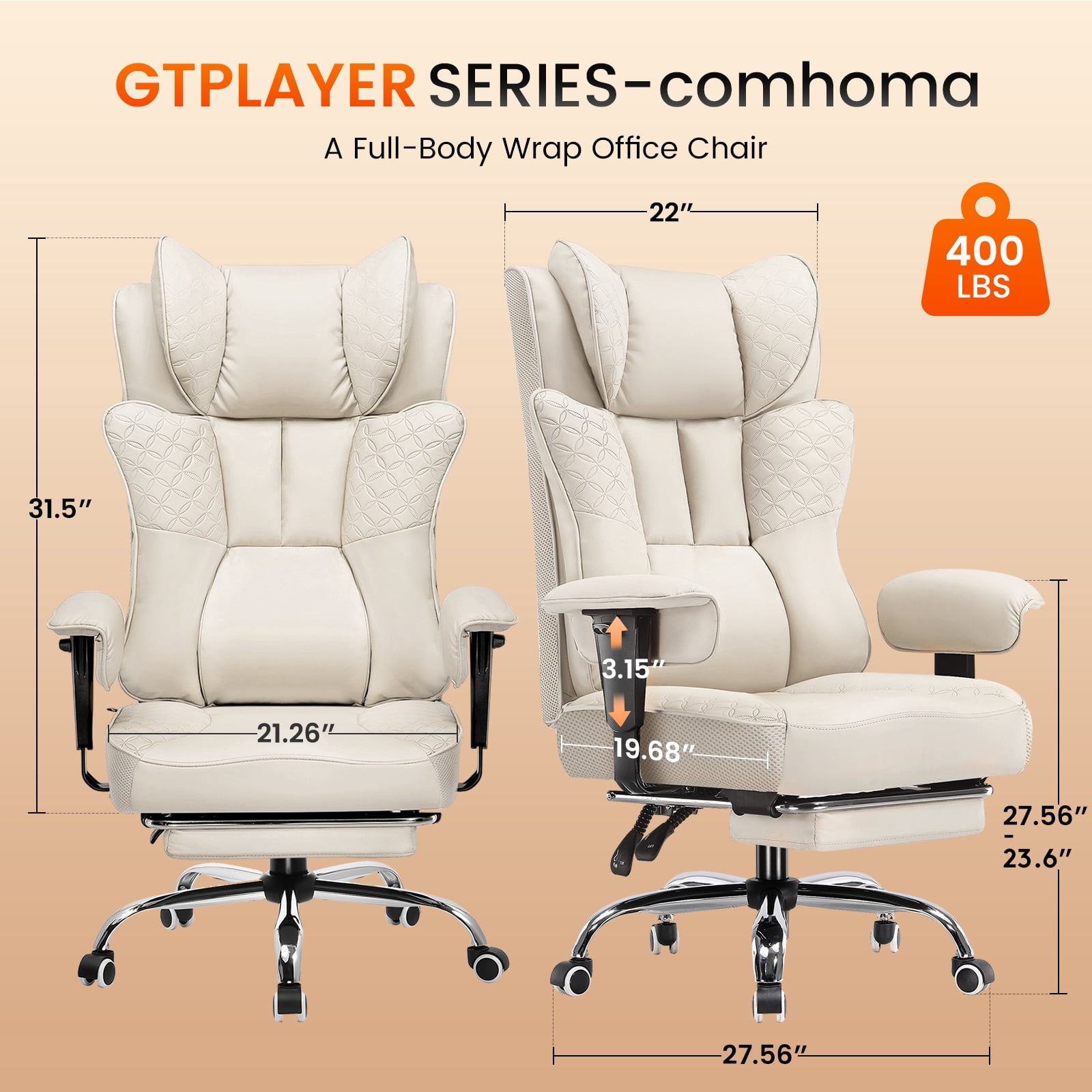 CloudRest Pro 400lbs Executive heavy duty office chair, High Back Ergonomic Computer Desk Chairwith Lumbar Back Support,Beige