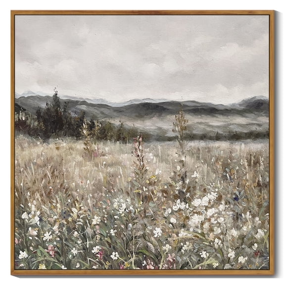 Drsoum Large 24x24in Natural Framed Vintage Landscape Canvas Wall Art Prairie in Full Bloom Classic Wall Prints Modern Farmhouse Kitchen Bedroom living room Decor