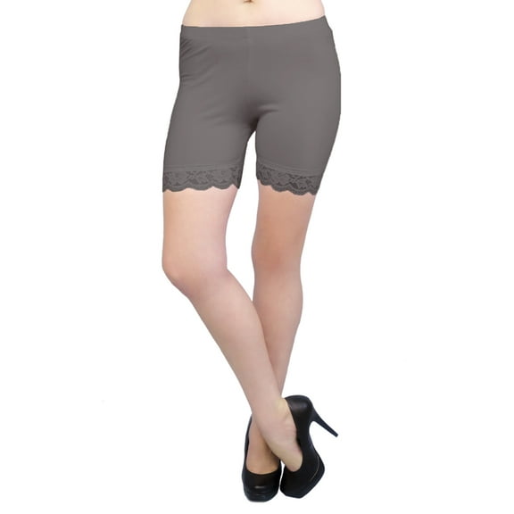 Vivian's Fashions Legging Shorts - Cotton, Lace Trim, Misses Size (Brown, S)