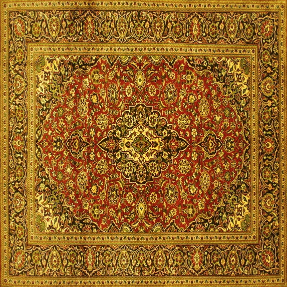 Ahgly Company Machine Washable Indoor Square Medallion Yellow Traditional Area Rugs, 6' Square