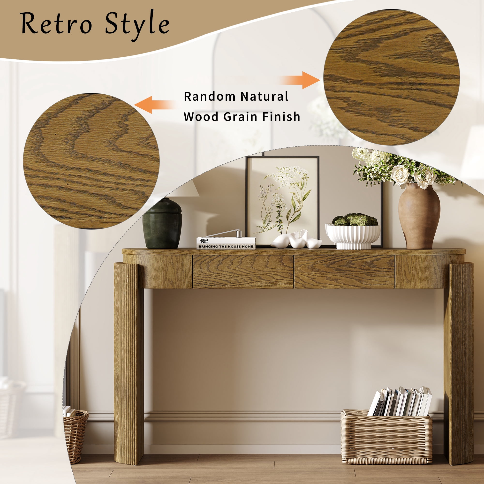 Harper & Bright Designs Fluted Console Table with Storage, Wood Entryway Table with Drawers and Oval Top Shelf, Pine Wood