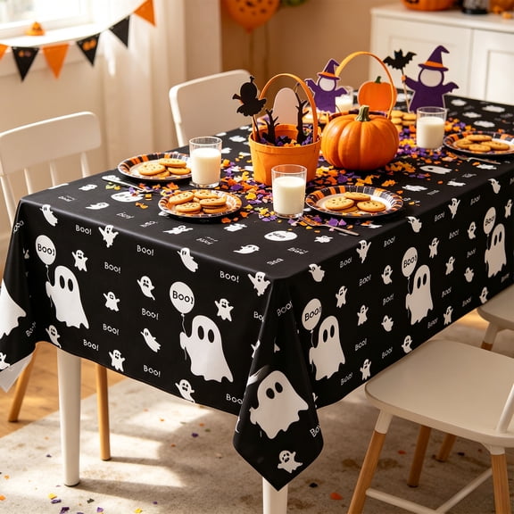 Gqtwoy Halloween Ghost Tablecloth, Festive Gathering Decor, Waterproof Plastic for Parties, Holiday Celebrations, Spooky Table Cover, Durable Table Protector, 108Ă—54in