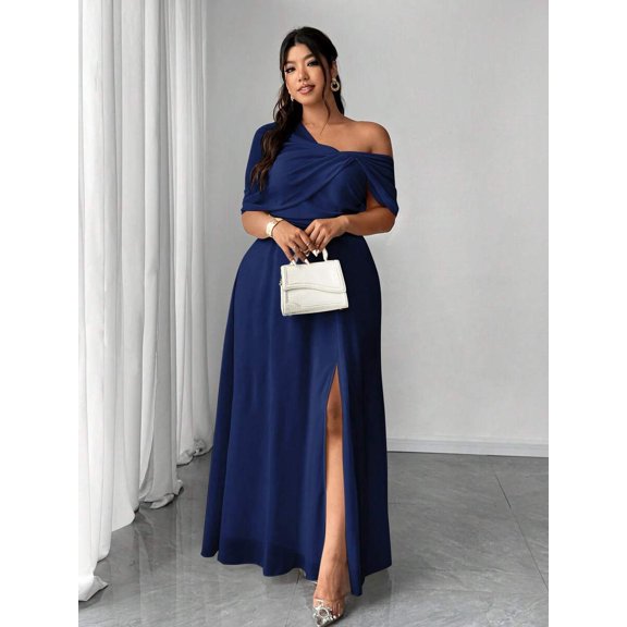 Navy Blue Elegant One-Shoulder Chiffon Maxi Dress With High Side Slit For Wedding Party Event