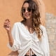thumbnail image 5 of Camisa de gasa con manga de siete puntos y cordón de moda informal con cuello en V para mujer （blanco）, 5 of 5