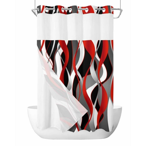 No Hook Cloth Fabric Shower Curtain with Snap in Liner, Red Stripe Waterproof Shower Curtains Set with See Through Top Window, Grey White Ombre Geometric Modern Abstract Bath Curtains Shower 36"x72"
