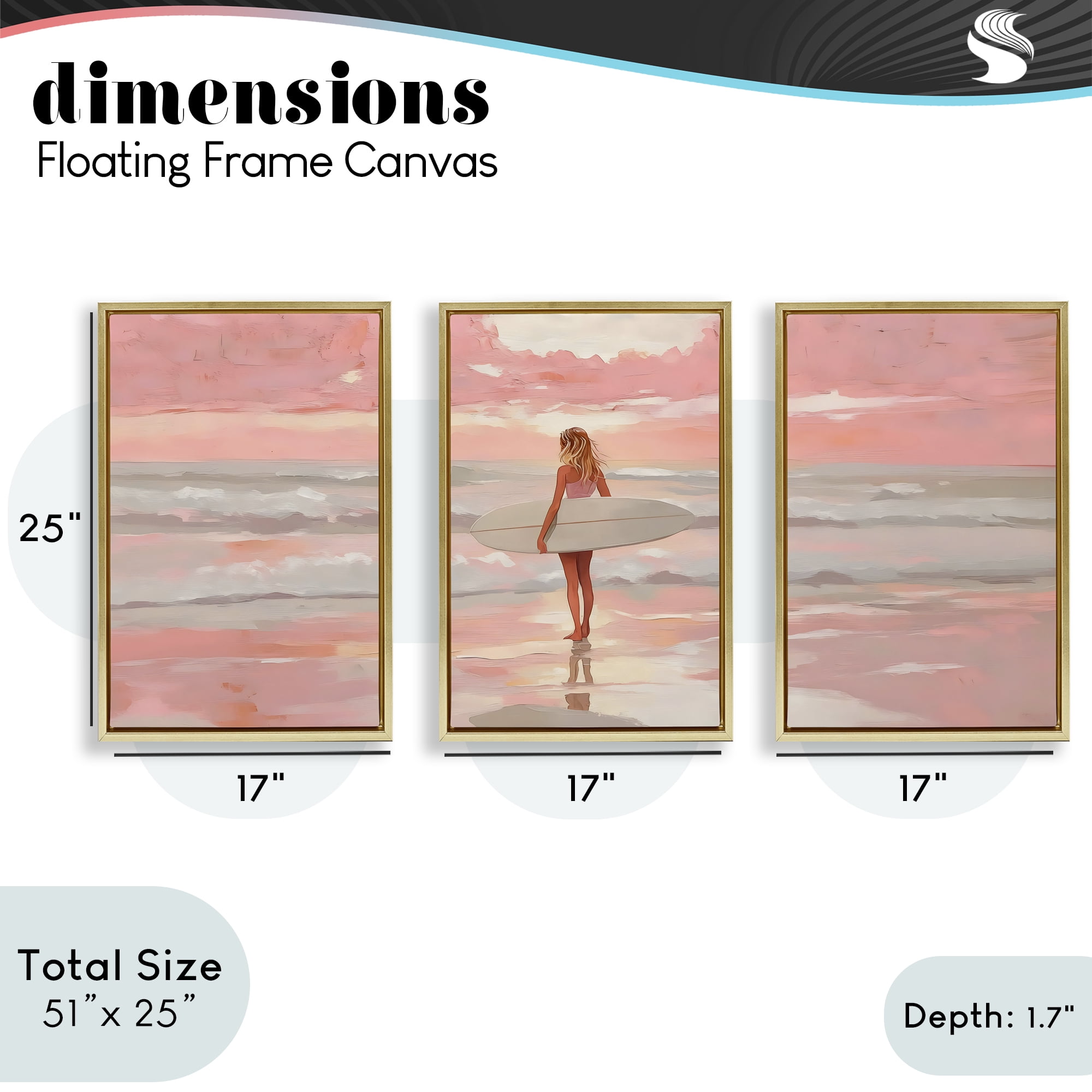 Stupell Industries Pink Sky Surfer Sunrise 3 Piece Gold Framed Floater Canvas Set, design by LSR Design Studio