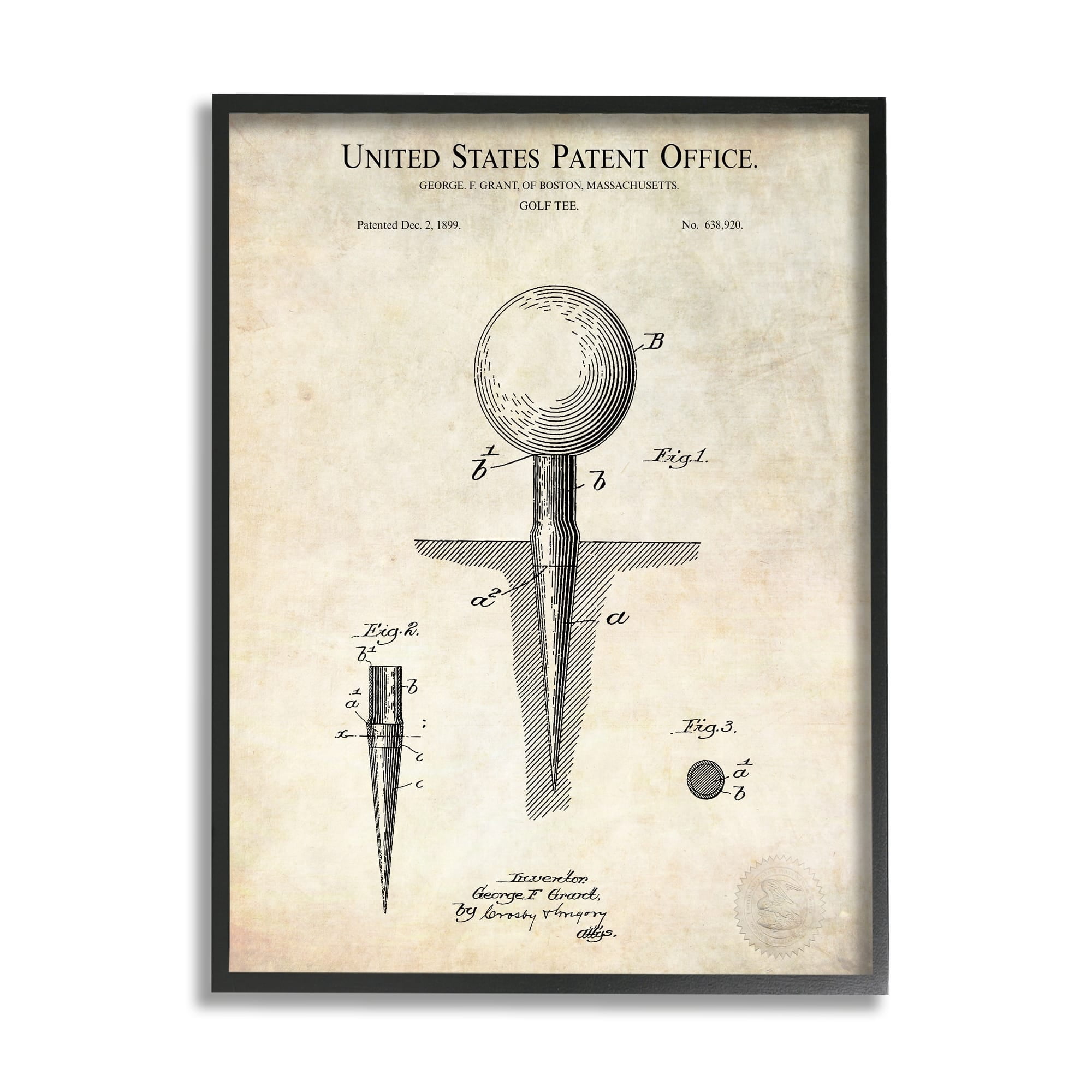Stupell Industries Golf Ball Tee Patent Blueprint Diagram Outline Framed Wall Art, 16 x 20, Design by Karl Hronek
