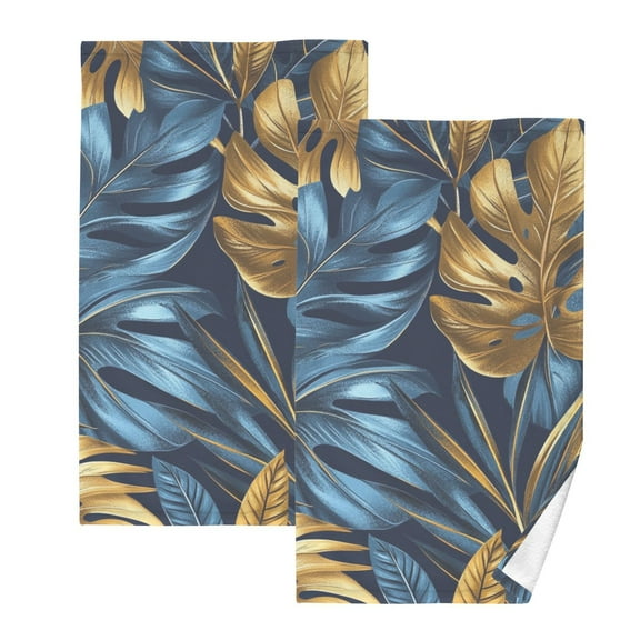 Blue and Gold Leaves Hand Towels Cotton Bath Towels Large Face Towels Absorbent for Bathroom 2 Packs