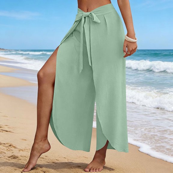 Cagogo Women Plus Size Wide Leg Tie Waist Flowy Boho Beach Loose Long Pants Trousers Summer Casual Palazzo Elastic Waisted Crop Lounge Travel Holiday Beachwear, Green M