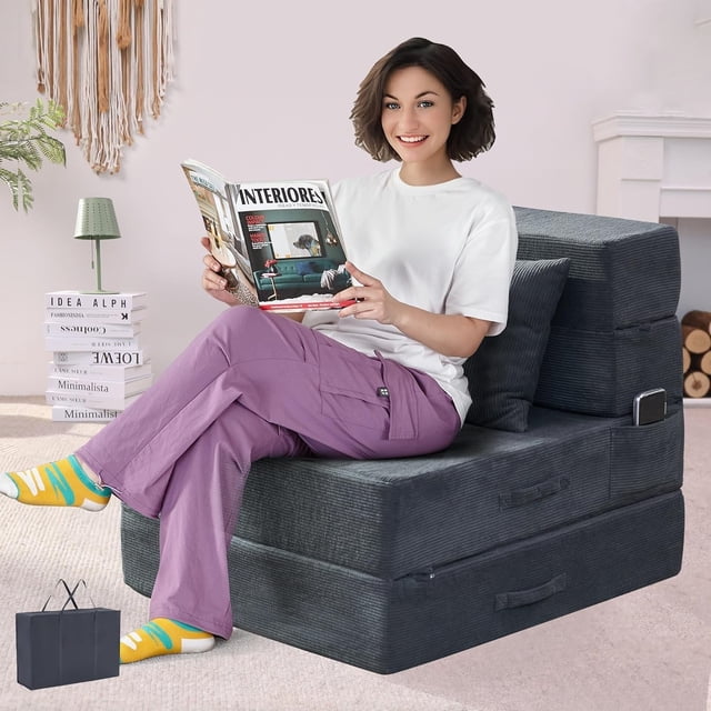 Sofá cama plegable, 4 en 1 convertible con almohada, cama plegable de espuma viscoelástica, moderno sofá futón para sala de estar, invitados/apartamentos, gris oscuro
