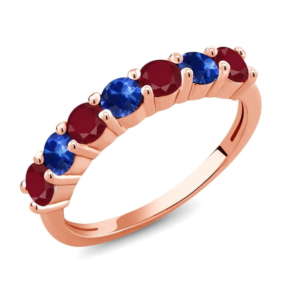 Gem Stone King 18K Rose Gold Plated Silver Round Red Ruby Blue Sapphire Anniversary Ring for Women (1.66 Cttw, Gemstone Birthstone, Size 6) (Size 6)