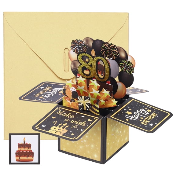 Uxcell 1 Pcs 3D Birthday Card, 80th Fold Out Birthday Card with Envelope and Small Card for Birthday Party Anniversary Celebration Surprise Greeting Gift for Him Her, Black Gold Tone