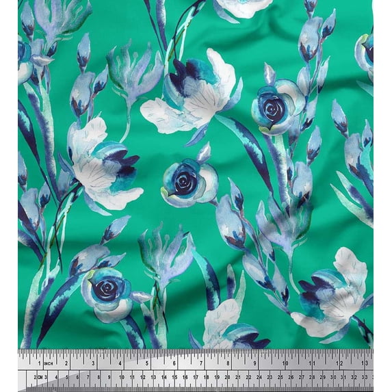 Soimoi Green Poly Georgette Fabric Leaves & Floral Print Fabric by The Yard 42 Inch Wide