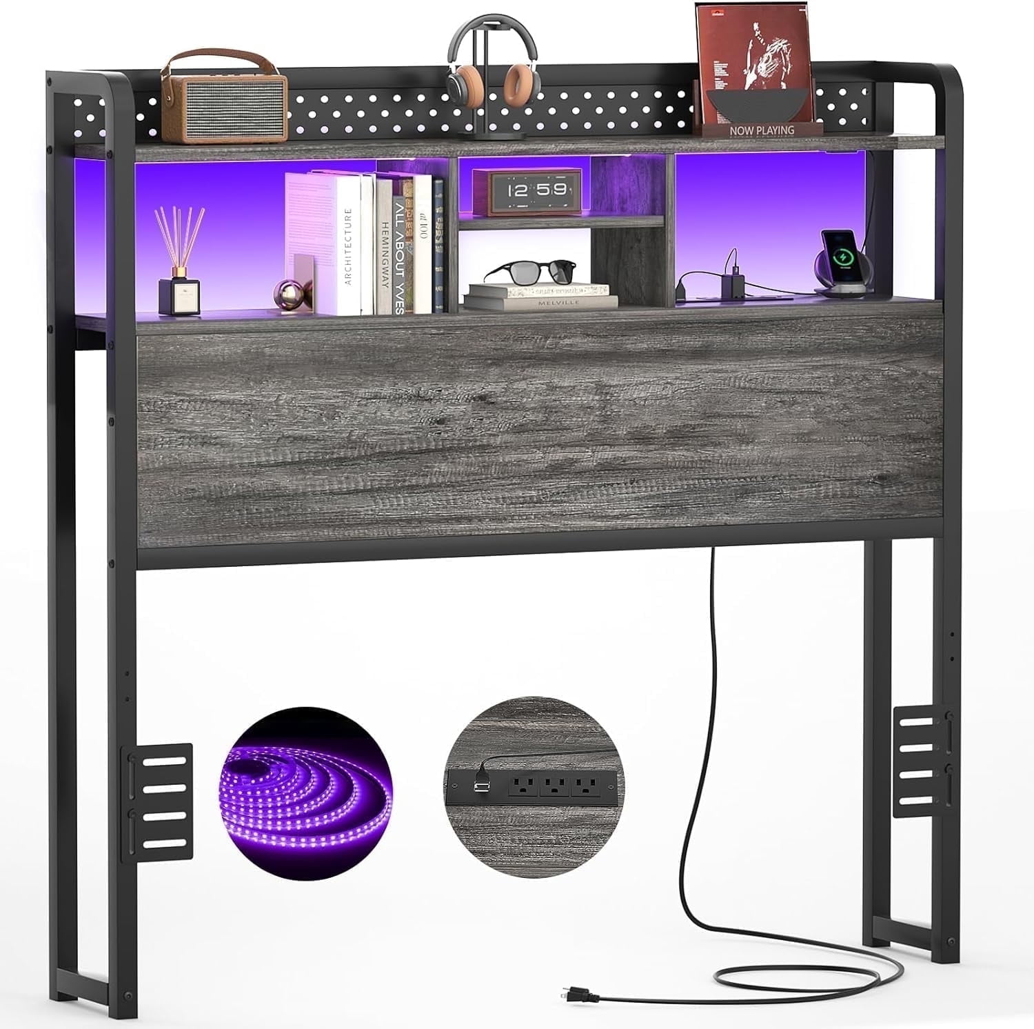 Homieasy Headboard for Twin Size Bed with Storage Shelf, Head board with 3 Outlets and 2 USB Ports, Headboards with RGB LED Light, Height Adjustable, Sturdy and Stable, Easy Assembly, Black Oak