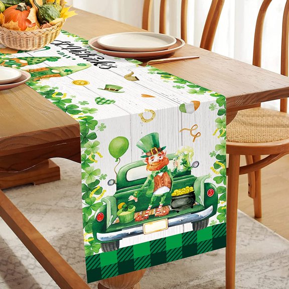 St Patrick''s Day Table Runner 13Wx71L Inch Lovely Green Gnomes Farm Truck Hat Leprechaun for Kitchen Dining Table Decoration Spring Dining Room Decorations Party Decor for Indoor Outdoor Home