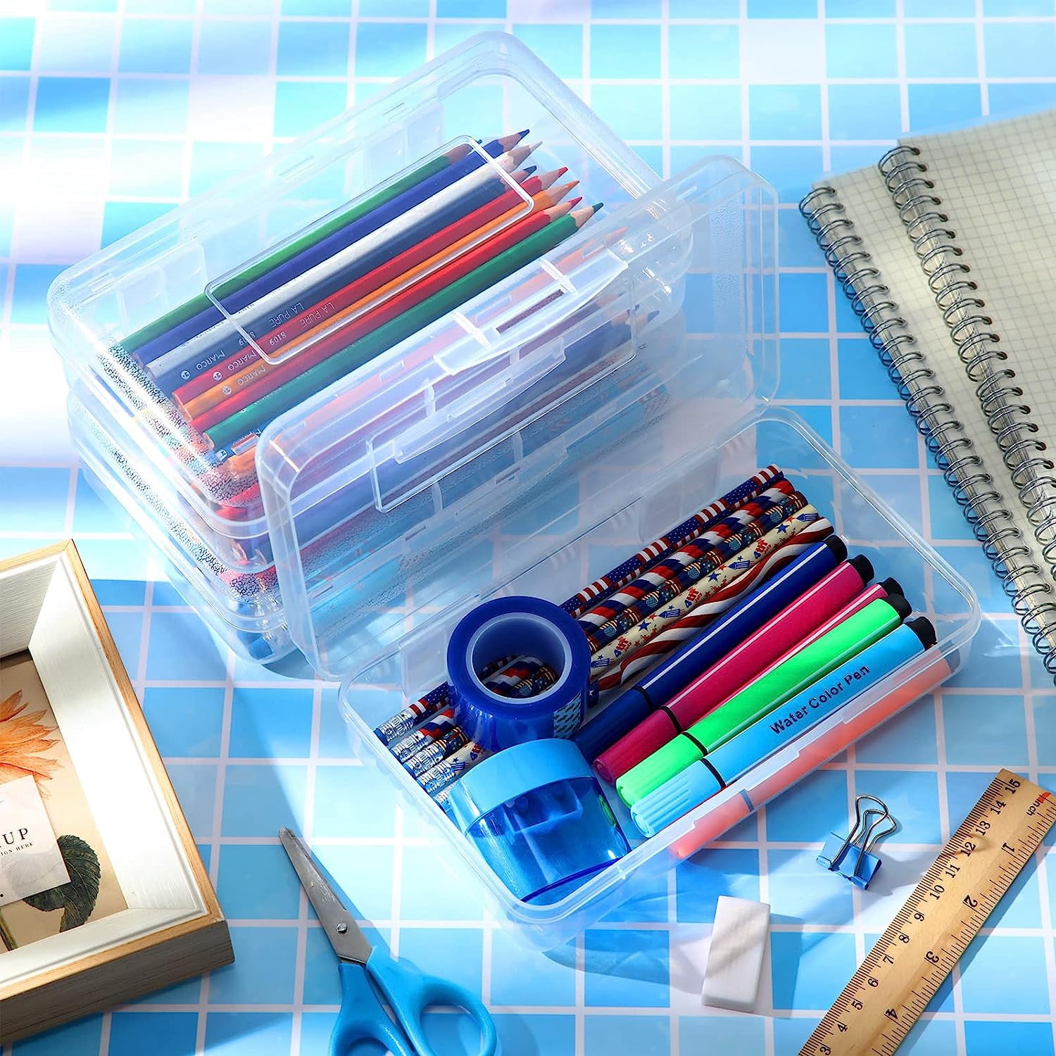 24 Pack Clear Plastic Pencil Boxes, Large Stackable Stationery Organizer, Bulk Crayon Storage Case for Classroom and Daily Use, Transparent