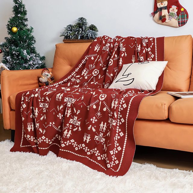 Puntoco Manta roja de decoración navideña, manta gruesa de invierno para sofá de sala de estar, manta tejida, bufanda para cama