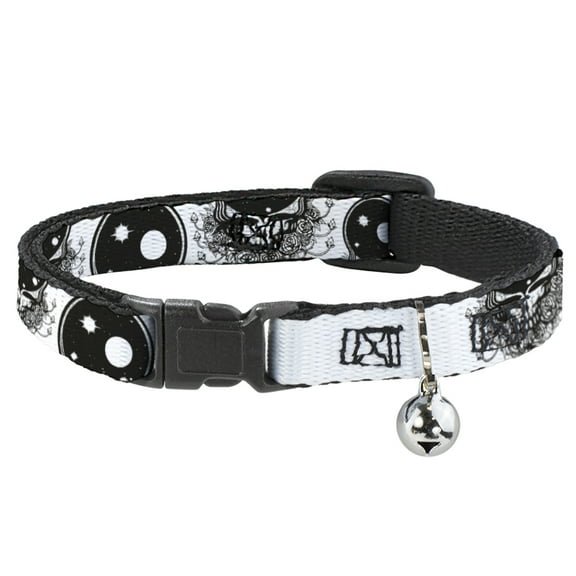 Grateful Dead Breakaway Cat Collar With Bell, Plastic Clip, Easy Adjustable, Space Your Face White Black, 8.5 to 12 Inches 0.5 Inch Wide