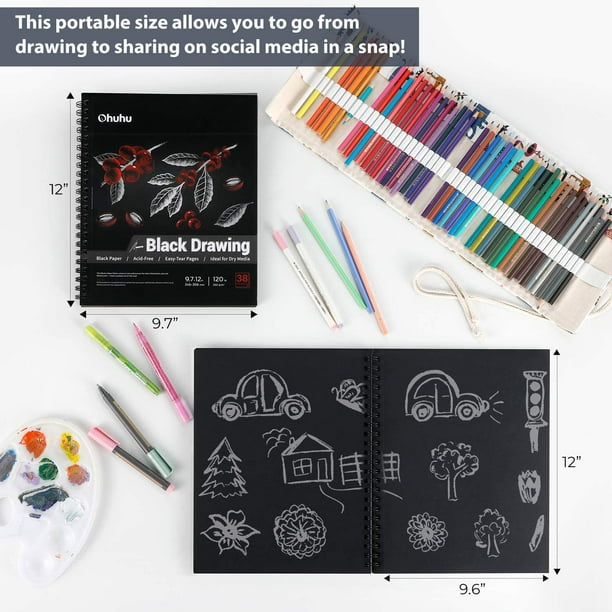  Black Sketch Pad for Posca, 9.7x12 Ohuhu 2 Pack 120 LB/200  GSM Black Drawing Papers, 38 Sheets/76 Pages, Spiral-Bound Sketchbook for  Art Gel Pen Colored Pencils, Metallic Marker Pens : Arts