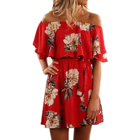 Chain Print Dress - Off Shoulder Women Print Loose Mini Dress
