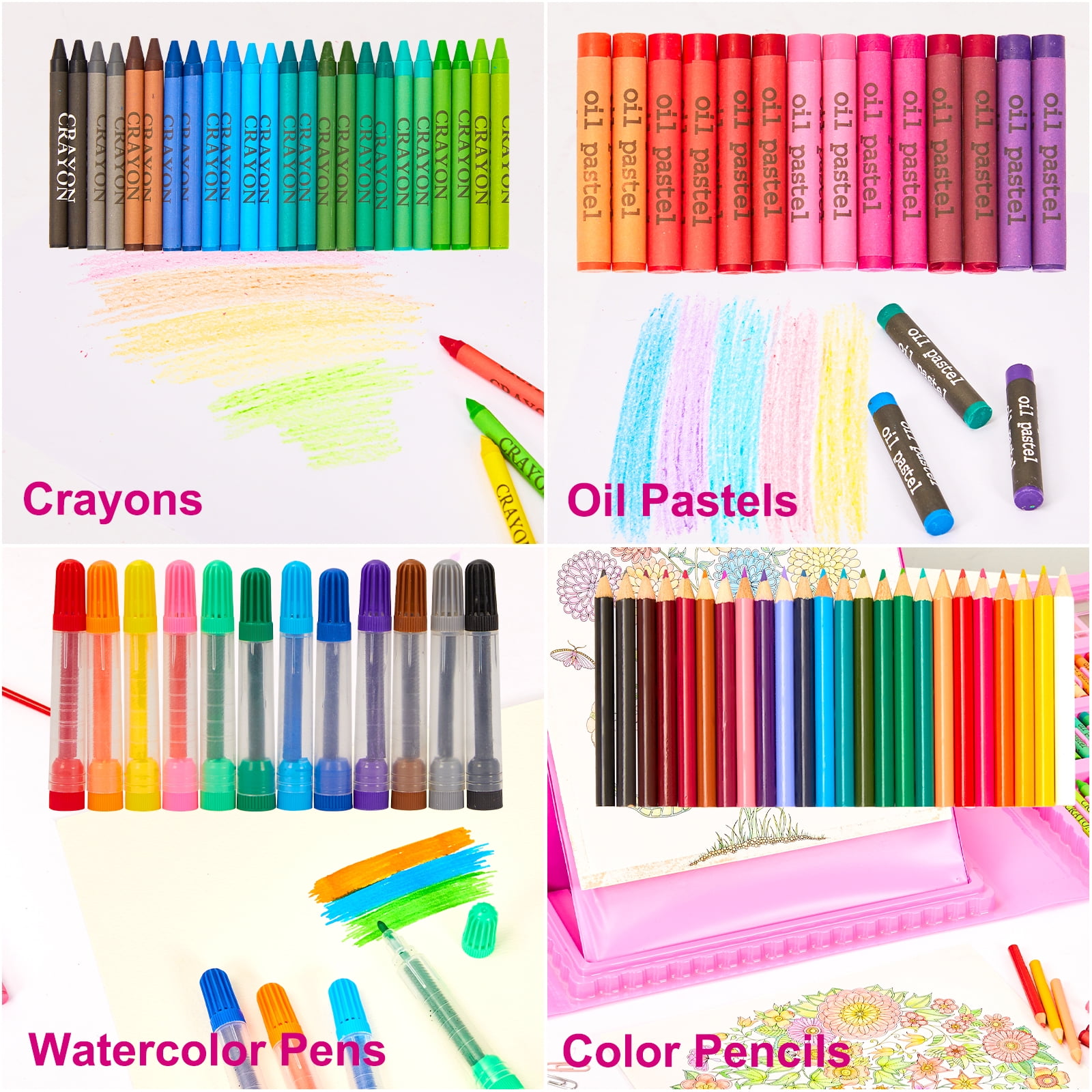 KINSPORY 290 Pack Drawing Coloring Art Set with Double-Side Trifold Art Easel, Creative Supplies Gift for Artists Beginners Kids Boys Girls (Pink)