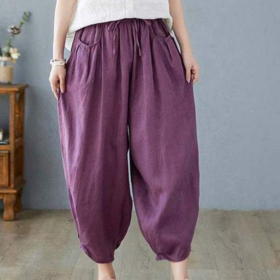 Borniu Capri Pants for Women Summer Casual Elastic High Waist Linen Pants Straight Wide Leg Cropped Trouser Capri Pants