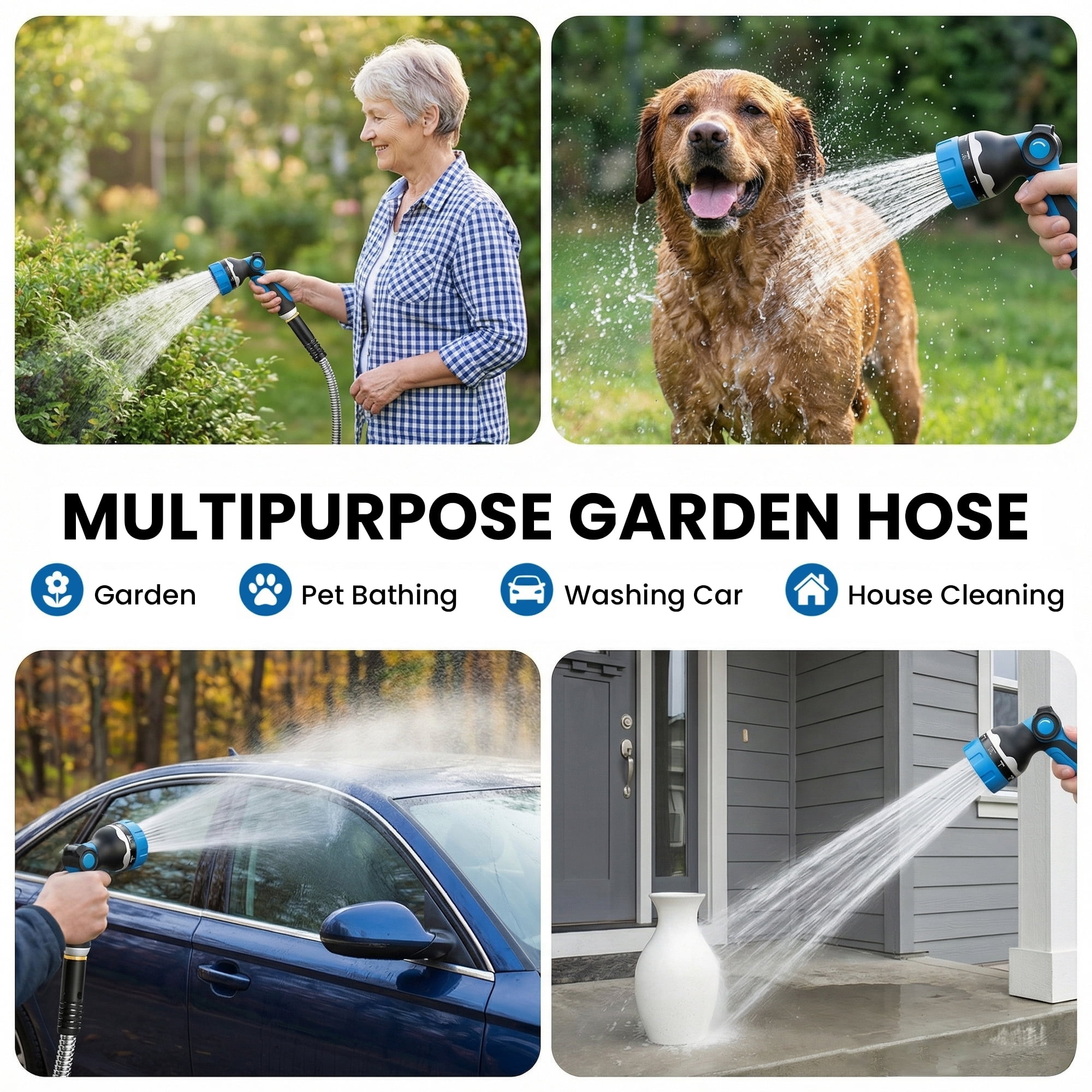 OHHANI Garden Hose 5/8" x 150ft with 10 Function Nozzle Stainless Steel Heavy-Duty Water Hose No Kink for Large Yard, Farm