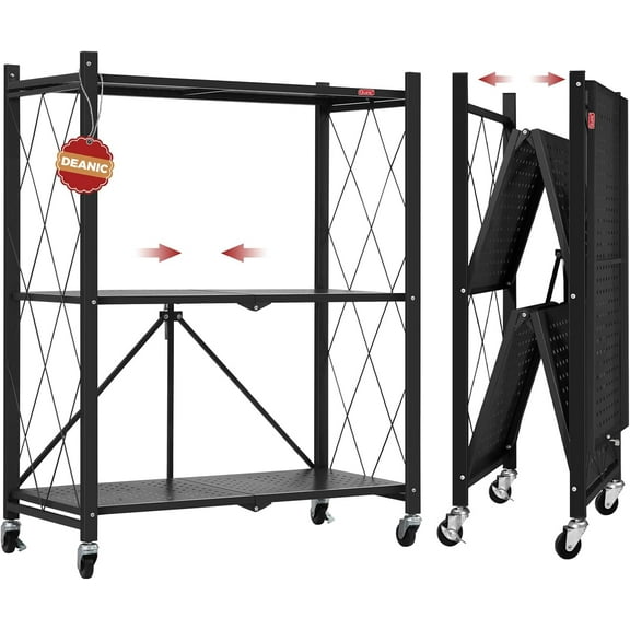 3 Tier Foldable Storage Shelves with Wheels, Kitchen Appliance Stand, Freestanding Metal Wire Shelf Rack, No Assembly Organizer Rolling Cart for Garage, Basement, Pantry(Black)