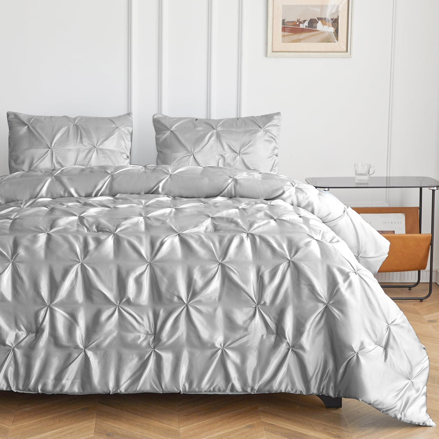 MR&HM Satin Comforter Queen Set 3pcs, Pintuck Beddding Sets with Comforter and 2 Pillow Shams