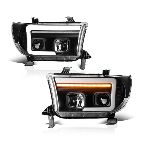 RTMOTO LED Projector Headlights Headlamps Assembly Compatible with Tundra XK50 / 2nd Gen 2007–2013 Hi-low Beam Amber Sequential Turn Signal DRL Strips Black Housing/White Tubes/Crystal Clear Lens