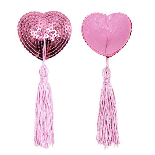 ANYIKE 1 Pair Women Silicone Nipple Cover Self Adhensive Reusable Sequin Lingerie Breast Petals Heart Shape with Tassel 