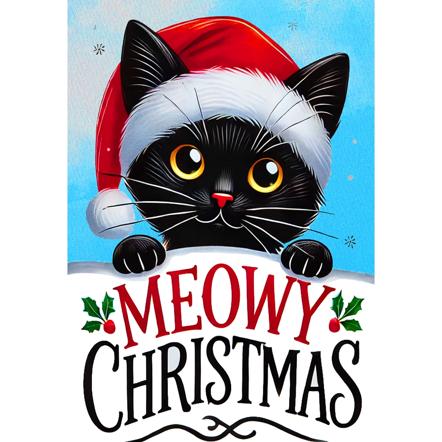 America Forever Meowy Christmas Cat House Flag, 28 x 40 inches Double Sided, Black Cat with Santa Hat, Cat Christmas Holiday Flag, Festive Winter Decor Outdoor Seasonal Flags for Yard, Lawn