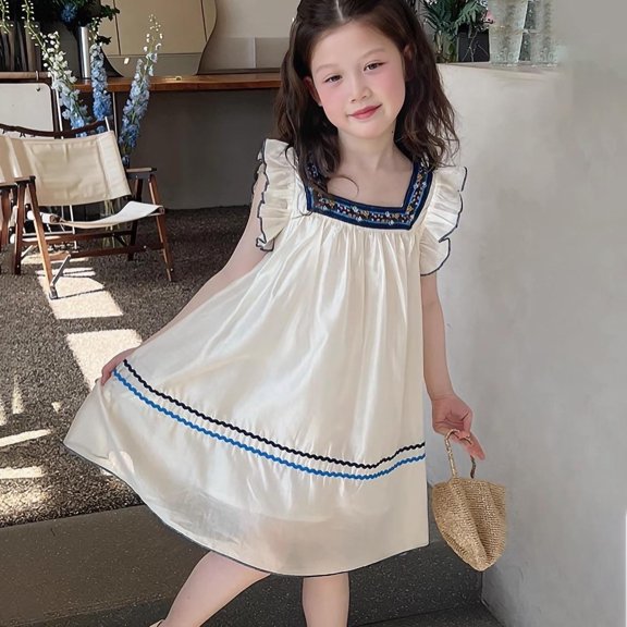 Nmnitkp Girl Dresses Summer Cute Print Sleeveless Round Necktie Pocket Children's Dress White,9 Years