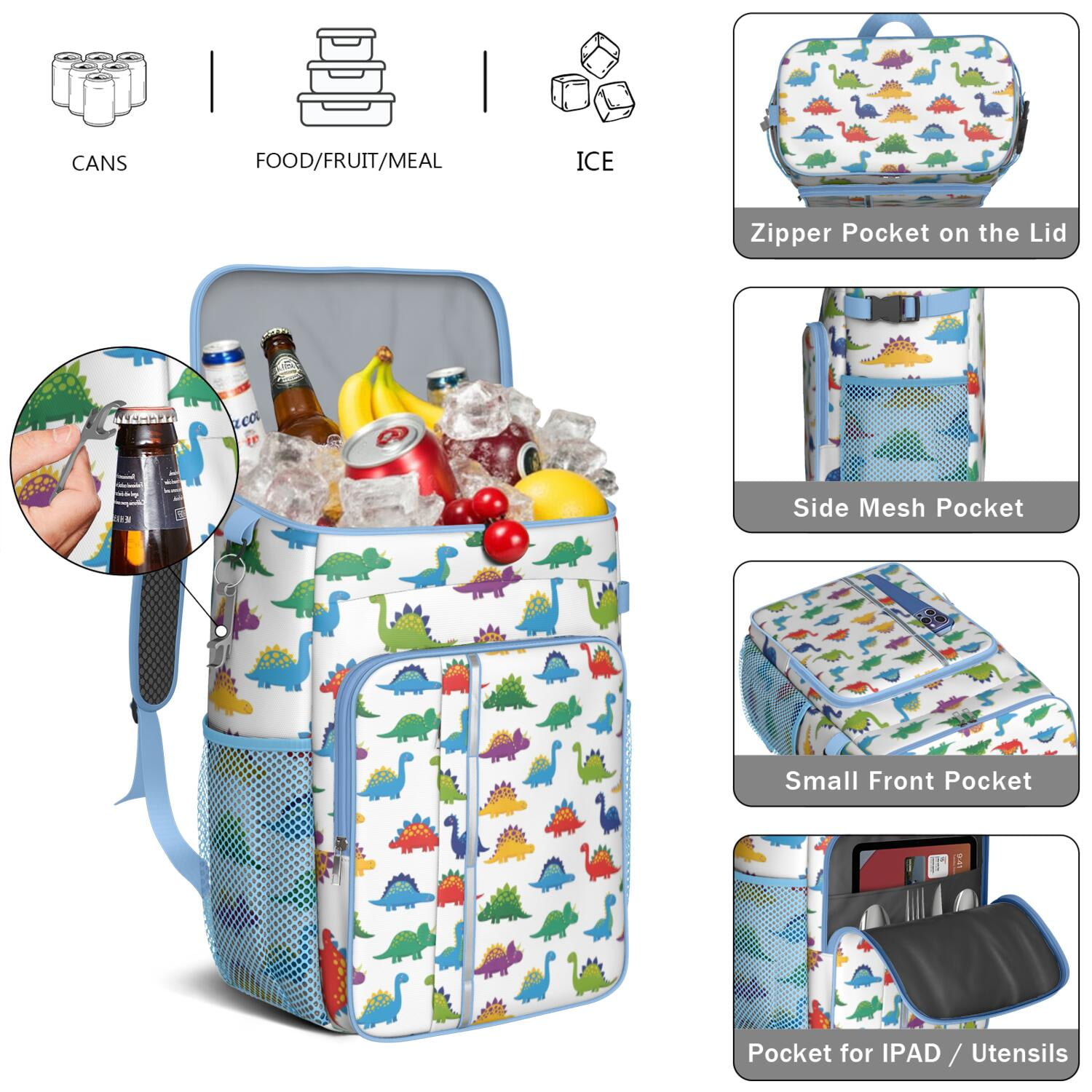 Travel Cooler Bag - Colorful Dinosaurs Pattern Camping Beer Cooler Backpack with Bottle Opener- Waterproof Insulated Picnic Backpacks - Cooler Bag for Beach