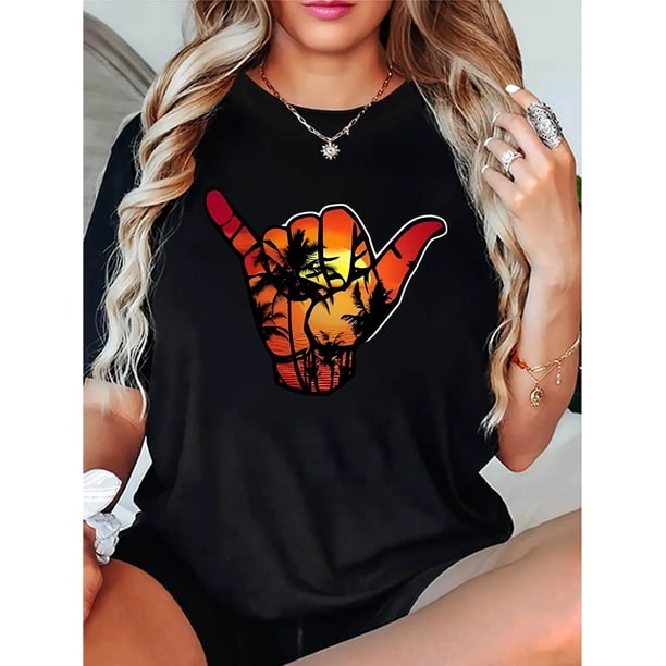 Camiseta De Manga Corta Con Cuello Redondo Para Mujer, Camisetas De Verano Para Uso Diario Y ViajesCreative Sunset Gesture Pattern Print Women'S Trendy Round Neck Short Sleeve, Simple Casual Sports