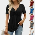 thumbnail image 2 of UJNDER Women's V Neck Short Sleeve Front Knotted Warm Top for Casual Solid Tops and Everyday Outfits Black XL, 2 of 7