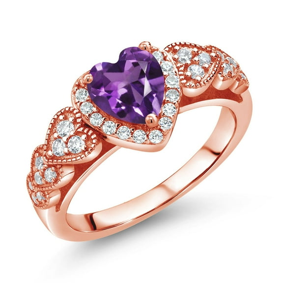 Gem Stone King 1.23 Ct Heart Shape Purple Amethyst 18K Rose Gold Plated Silver Ring