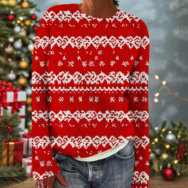 Wiyuqeen Chandails de Noël Fair Isle pour Femmes à Manches Longues Col Rond Chandail Tricoté de Noël Vintage d'Automne Coupe Ample Chandails Laids
