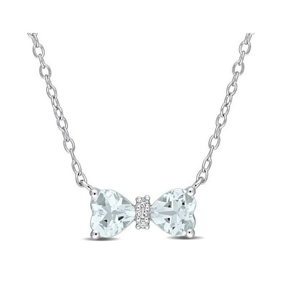 7/10 Carat (ctw) Aquamarine Heart Bow Pendant Necklace in Sterling Silver with Chain