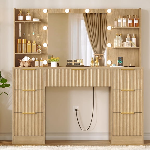 Natural 7 Drawers Quimoo Large Vanity Desk with LED Lighted Mirror & Power